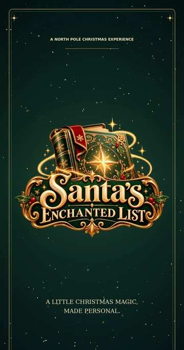App splash screen featuring the official Santa's Enchanted List gold logo and magical Christmas book